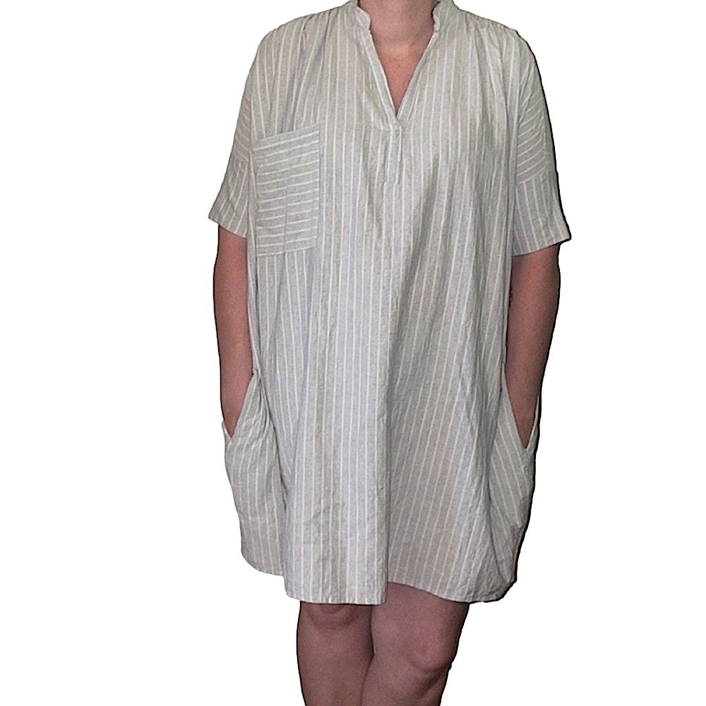 Tribe Alive split neck dress striped short sleeve pockets upcycled denim XS/S